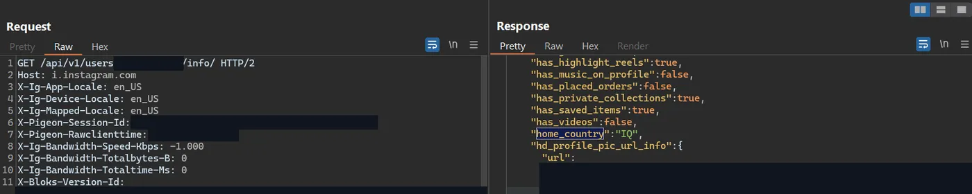 Burp Suite showing the user info request and a response that still contains home_country.