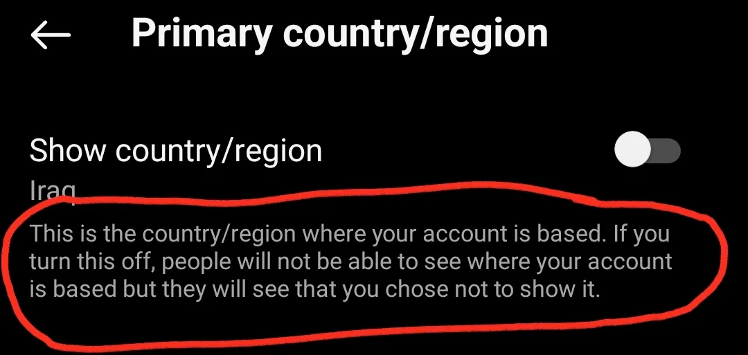 The Instagram Show country/region setting turned off, with the promise text under it.